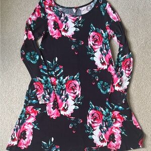 Elegant Floral Long Sleeve Tunic - Pink and Green on Black